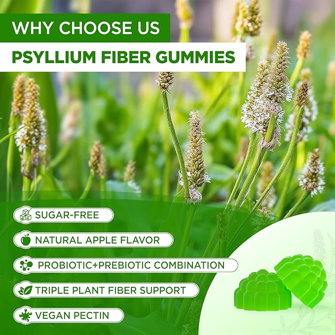 Psyllium Husk Gummies 1500mg Psyllium Husk Fiber Supplement with Probiotics Inulin Chia Seed Powder for Gut &amp Digestive Health Regularity Vegan Sugar Free 60 Chewable
