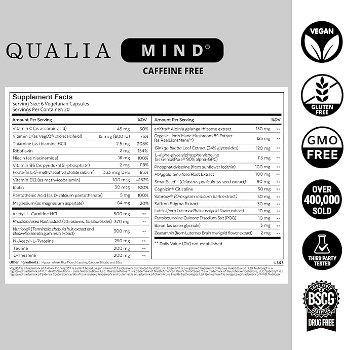 Qualia Mind (Caffeine Free) | The Ultimate Blend for Brain Health* | Doctor-Formulated Nootropic to Fuel Focus &amp Concentration* | Supports Long Term Brain Health| Maintain Drive &amp Productivity