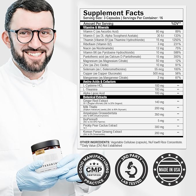 omre AfterDrink Restore Pills with Milk Thistle DHM Vitamin B Ginger &amp Herbal Extracts - Pre &amp Post Drinking Supplement with Liver Support for Better Mornings - Made in USA (48 Caps)