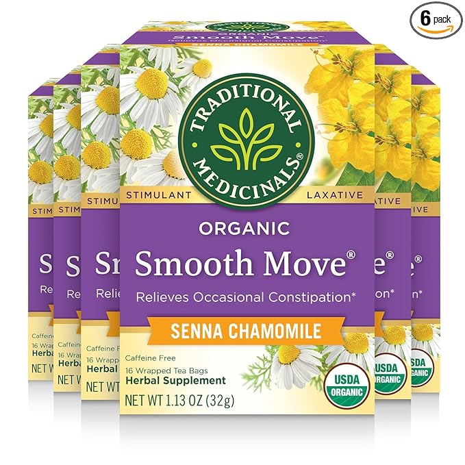 Traditional Medicinals Organic Smooth Move Tea Chamomile &amp Senna - Helps Relieve Constipation Overnight - Kosher Non-GMO Caffeine-Free Compostable - 96 Tea Bags (6 Packs of 16)