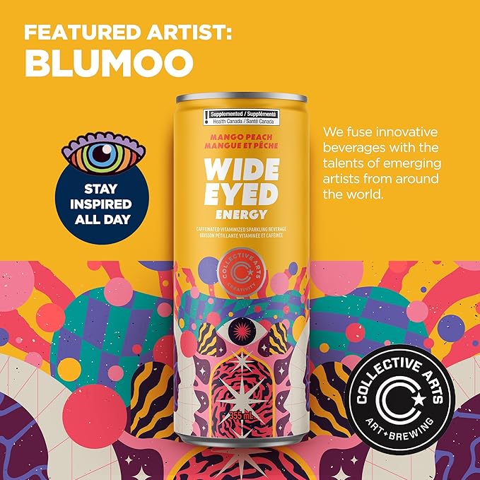 Collective Arts Wide Eyed Energy Drinks | Naturally-Flavored Caffeinated Vitaminized Sparkling Beverage With Fruit Extracts | Mango Peach MAX | Pack of 12 | 12 fl oz.(355ml)