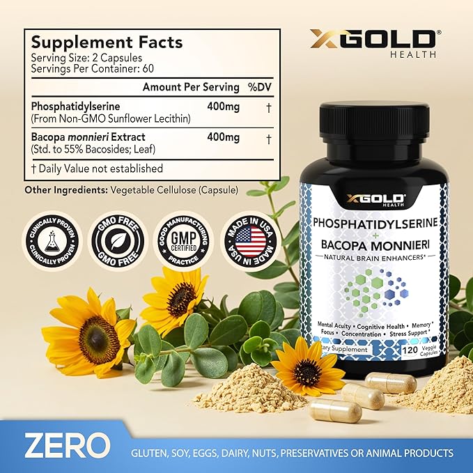 PhosphatidylSerine &amp Bacopa Monnieri 800 mg 2 in 1 Supplement - Natural Brain Enhancer/Nootropic for Enhanced Focus and Concentration Memory Support &amp Cognitive Function - 120 Vegetarian Cap