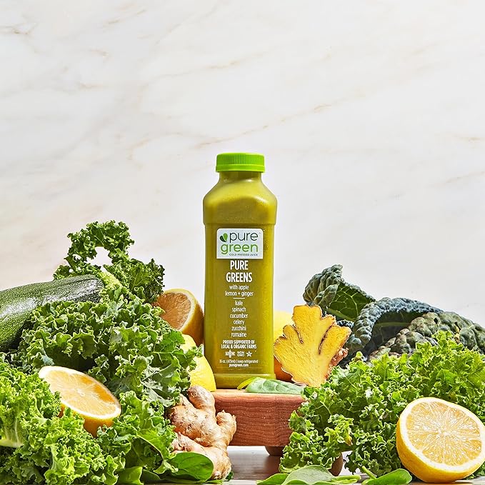 Pure Green Cold Pressed Juice - Pure Greens Apple - Fresh Functional Blend with Apple Greens Cucumber Celery - Natural Gluten Free Non-GMO No Artificial Colors or Flavors - Made from Real Fruits
