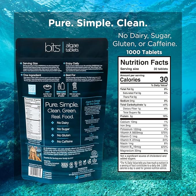 ENERGYBITS - Organic Spirulina Tablets - Plant-Based Algae Superfood - for Focus Fitness Energy - Plant Protein - Gluten Free - Collagen Vitamin B12 Omega 3 - Keto &amp Vegan - 1000 Algae Tablets