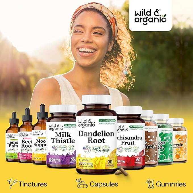 Wild &amp Organic Dandelion Root Capsules - Liver Detox Supplements - 2000 mg of Fresh Dandelion Root Powder per Capsule - 90 Vegan Capsules - 3 Month Supply - No Fillers Non-GMO