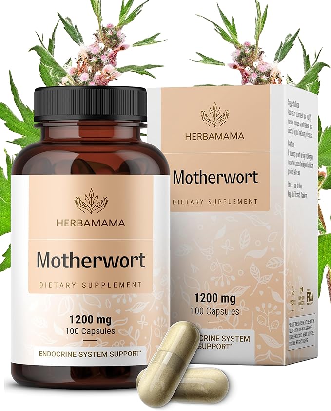 HERBAMAMA Motherwort Capsules – Natural Menopause Supplements* for Women – 1200mg Motherwort Herb Powder per Serving for Women's Mood &amp Calm Support – Vegan Non-GMO – 50-Day Supply