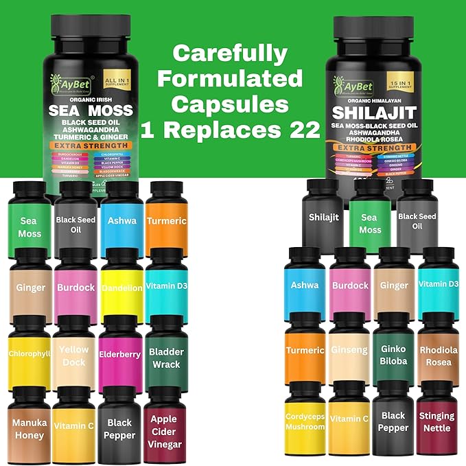 Sea Moss &amp Himalayan Shilajit Supplement Combo–Herbal Formula with Black Seed Oil Ashwagandha Rhodiola Turmeric Ginger – Mineral Antioxidant Support–Organic Halal Vegan Capsules–240 Count