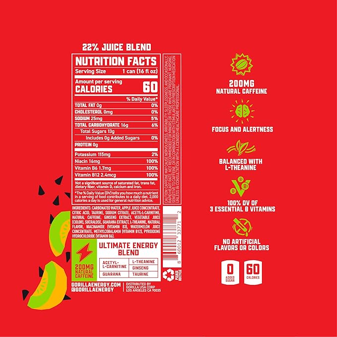 Gorilla Energy Drink Watermelon Melon 200mg Natural Caffeine Real Fruit Juice Squeezed &amp Concentrated L-Theanine Taurine Ginseng Acetyl L-Carnitine No Added Sugar and No Artificial Colors