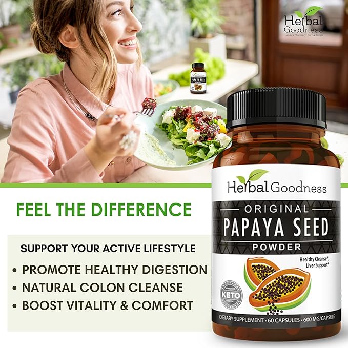 Herbal Goodness Papaya Seeds Powder Capsules - 600mg x 60 Pills Organic Papaya Digestive Enzymes (Papain) | Supports Gut Health Digestion &amp Colon Cleanse Broom 100% Natural Gluten Free Non-GM