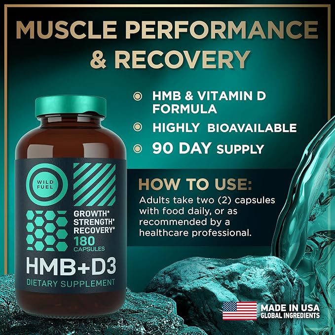 WILD FUEL 3000mg HMB Supplement Plus Vitamin D3 - Muscle Growth Strength Fast Workout Recovery HMB Supplements for Men and Women - Calcium Beta-Hydroxy Beta-Methylbutyrate - 180 Capsules