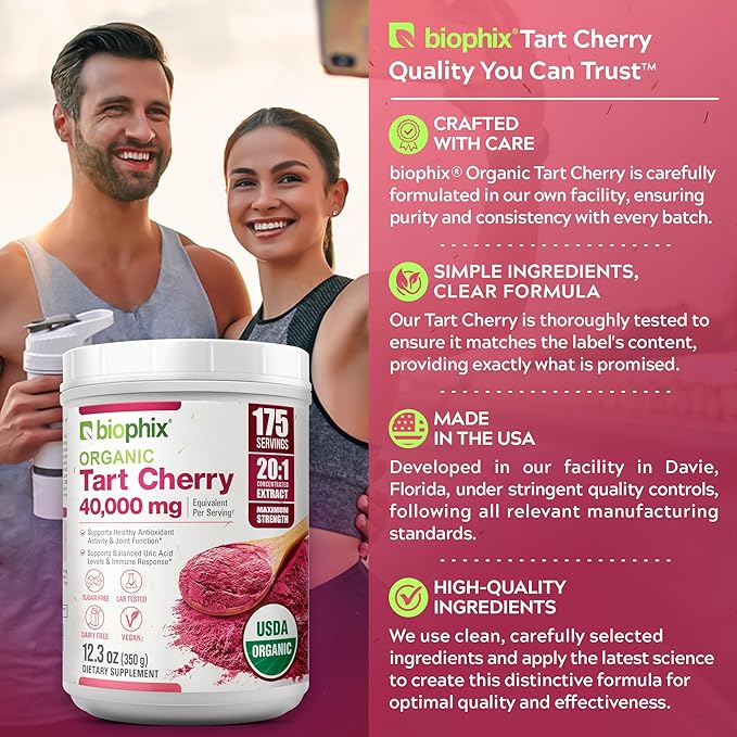biophix Tart Cherry Powder Organic USDA 20:1 Extract 12.3 oz 350 g - Antioxidant-Rich Superfood - Supports Heart Health - Digestive Health - Natural Flavor - No Sugar Added