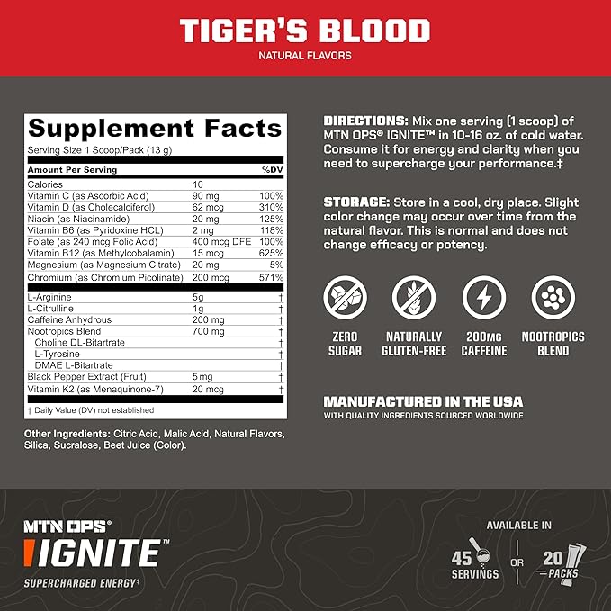 MTN OPS Ignite Sugar Free Energy Drink Powder Trail Packs with 200mg Caffeine Travel Pre Workout Packets for to-Go Energy Nootropic Blend L Arginine &amp L Citrulline 20 Servings Tiger's Blood