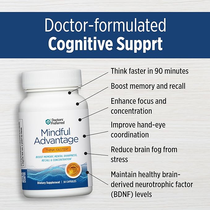DOCTORS' PREFERRED Mindful Advantage Brain Supplements for Memory and Focus - Boost Memory Mental Sharpness Recall &amp Concentration - 30 Count