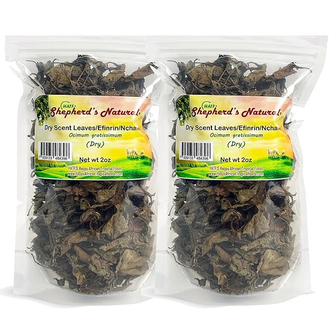 Scent Leaves (Efinrin/Nchanwu) – Dried (2 x 2oz) Bag African Seasoning by HATF's Shepherd's Natural. Perfect for soups stews and teas. Rich aroma traditional flavor! NON-GMO 100% ALL NATURAL.