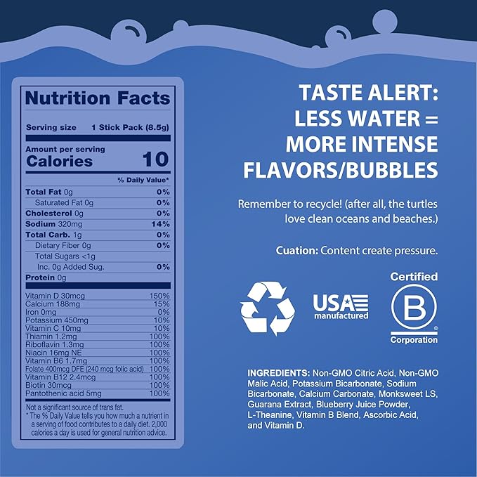 Bobelo Self Carbonating Clean Energy + Hydration Electrolytes Powder Drink Mix Coconut Berry Blitz 100mg Guarana Caffeine Sugar Free 15 Pack