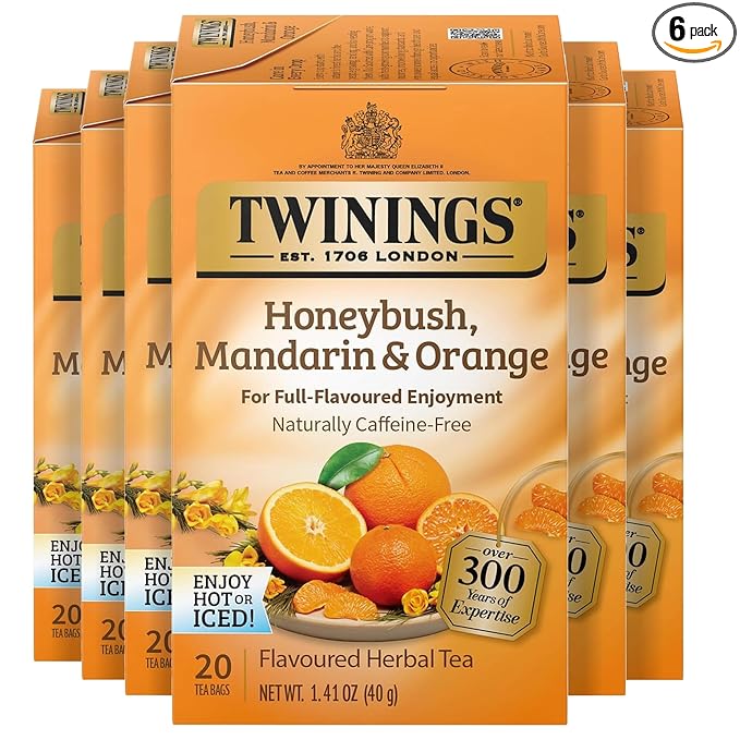 Twinings Honeybush Mandarin &amp Orange Herbal Tea Individually Wrapped Bags 20 Count (Pack of 6) Naturally Caffeine-Free Enjoy Hot or Iced 120 Teabags