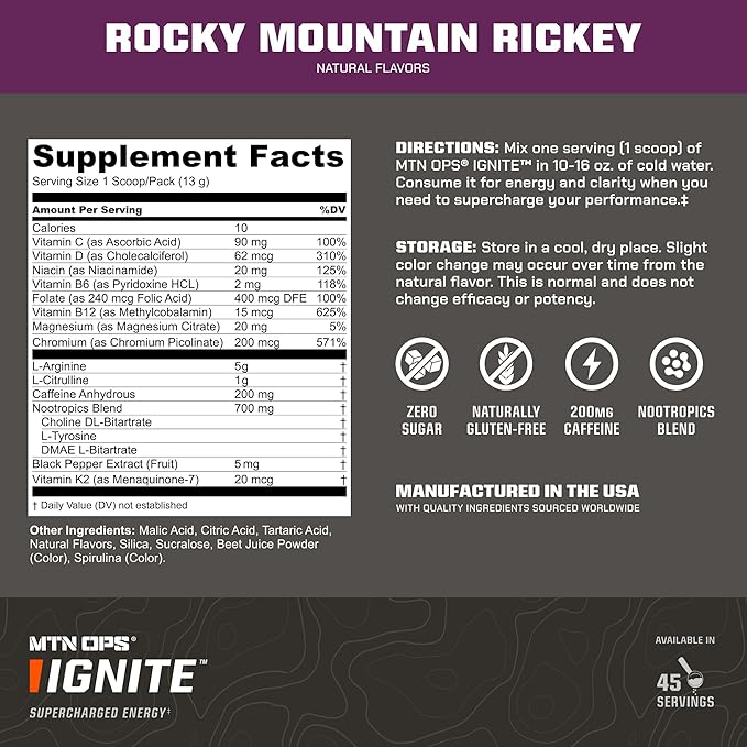 MTN OPS Ignite Energy Drink Powder Gluten Free Nootropic Supplement Drink Mix L Arginine L Citrulline Caffeine &amp Nootropic Sugar Free Drink Mix 45 Servings Rocky Mountain Rickey