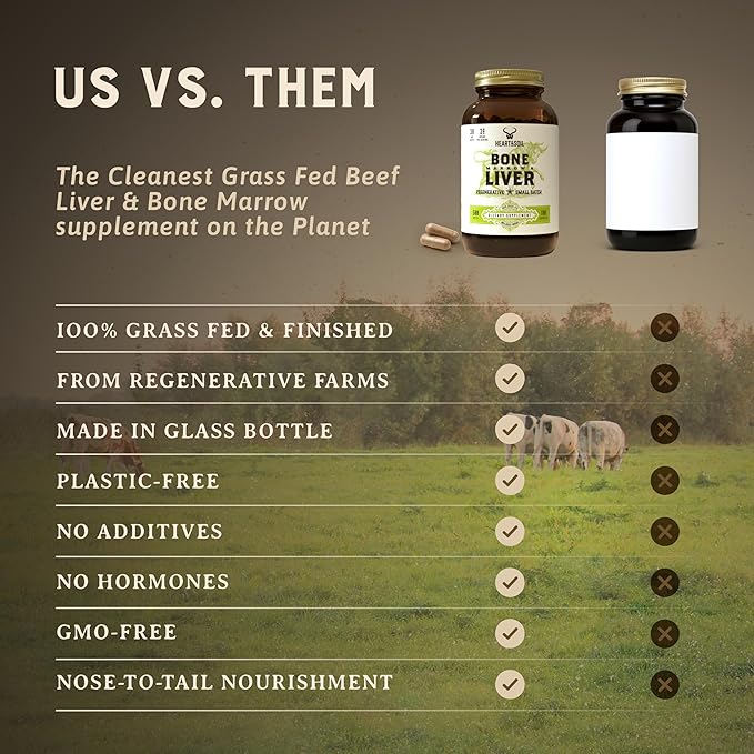 Heart &amp Soil – 100% Grass Fed &amp Finished Bone Marrow &amp Beef Liver from Regenerative Cattle – Supports Bones joints Tissue &amp Skin – 3000mg Libido Booster For Women &amp Men – Glass B