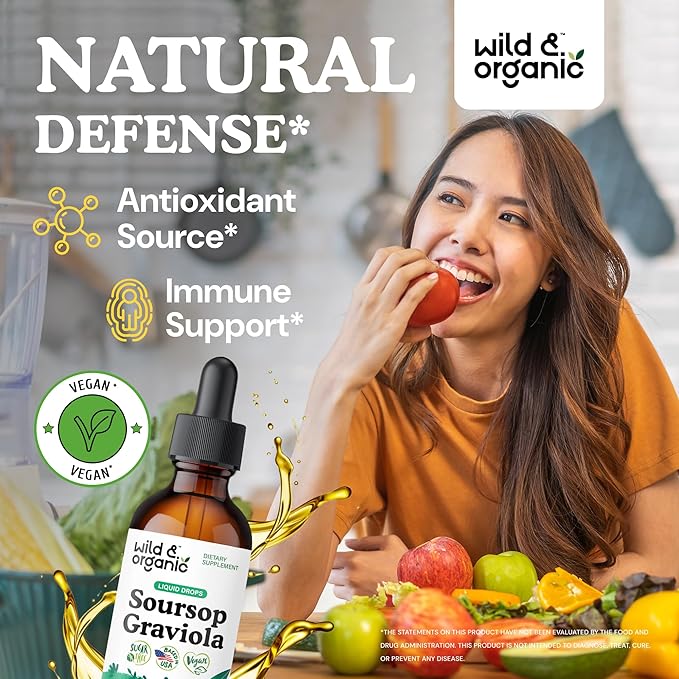 Wild &amp Organic Soursop Graviola Liquid Drops - Antioxidant &amp Digestive Support - Alcohol-Free Soursop Extract - Sugar-Free Guanabana Leaves Tincture - Vegan Graviola Leaf Extract Supplement -