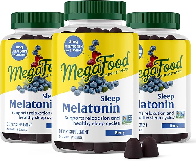 MegaFood Melatonin Gummies - Melatonin 3mg per Serving to Help Relax &amp Fall Asleep – Sleep Gummies for Adults - Berry Flavor Non-GMO Certified Vegan - 54 Count (27 Servings) 3 Pack