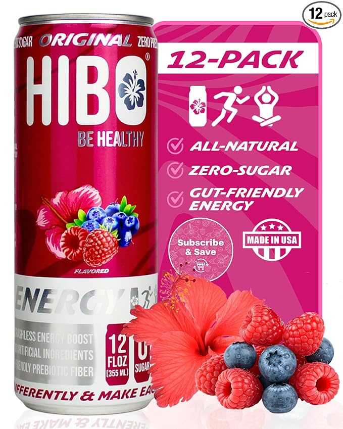 HIBO Healthy Energy Drinks Sugar Free – Gluten-Free &amp Gut-Friendly Prebiotic Fiber w/ 140mg Caffeine &amp 60mg Green Coffee Extract Electrolytes – Supports Immunity &amp Focus - Pack of 12 Ori