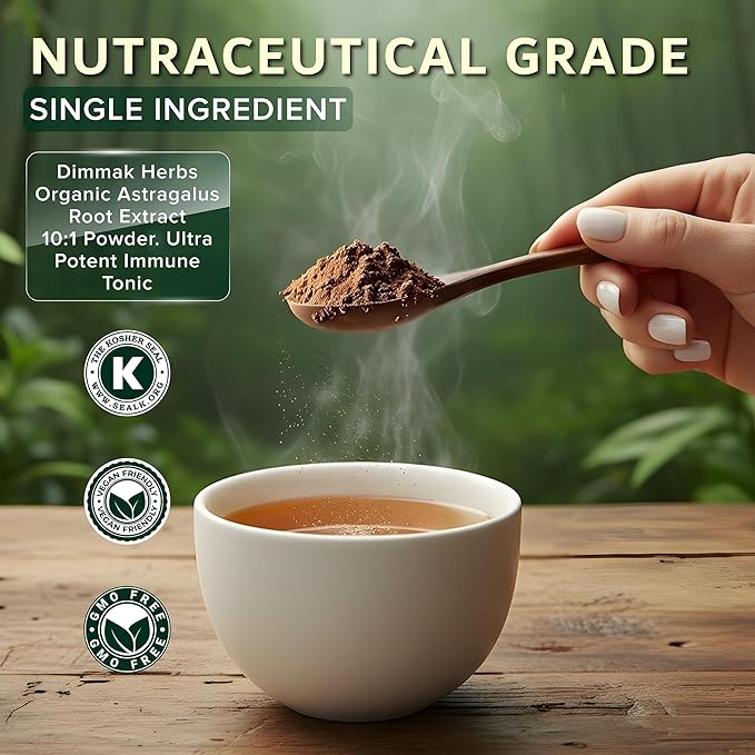 Dimmak Herbs Organic Astragalus Root Extract 10:1 Powder (Ultra Potent Immune Tonic)- TCM Doctor Sourced Huang Qi for Vitality Telomere Support &amp Jing- No Cooking Needed Instant Tea (4oz)