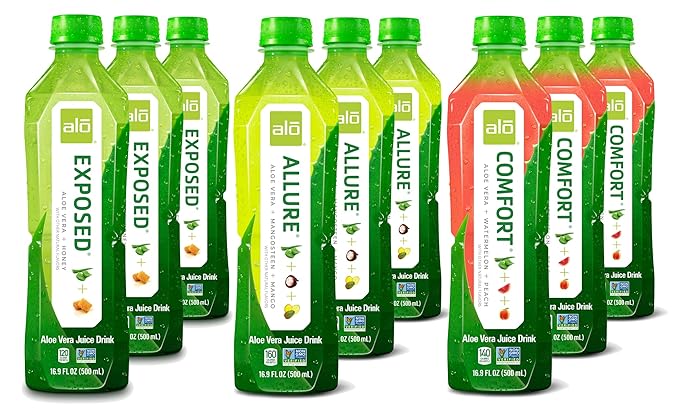 ALO Aloe Vera Juice | 16.9 fl oz Pack of 9 | 3-Flavor Variety Pack | ALLURE COMFORT EXPOSED Plant-Based Drink