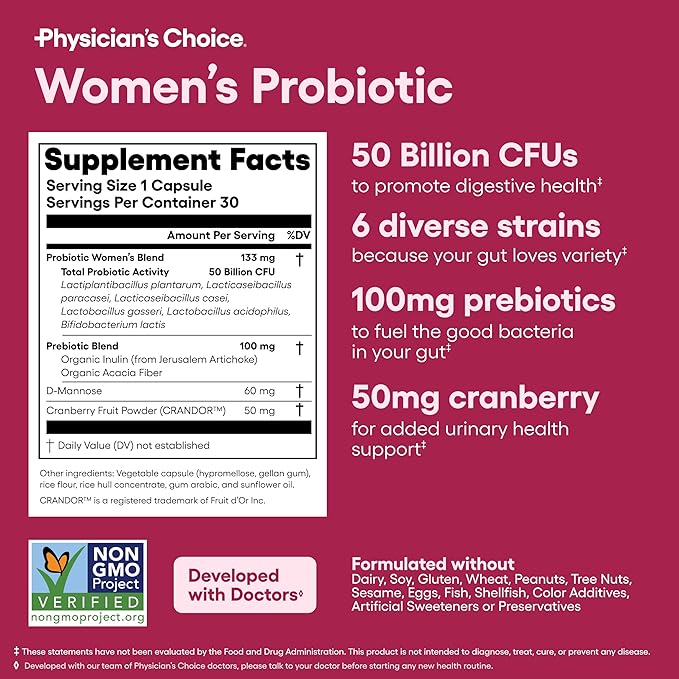 Physician's CHOICE Probiotics for Women - PH Balance Digestive UT &amp Feminine Health - 50 Billion CFU - 6 Unique Strains for Her - Organic Prebiotics Cranberry Extract+ - Women Probiotic - 30 C