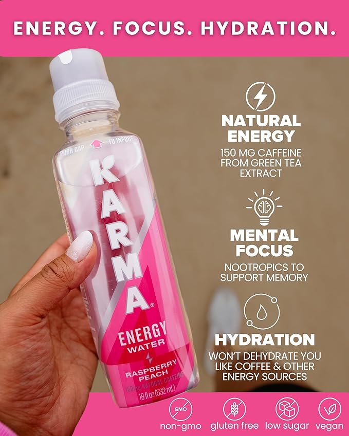 Karma Energy Drink – 12 Pack Raspberry Peach Caffeinated Water with Cognizin® Nootropics Vitamins &amp Immune Support Low Calorie