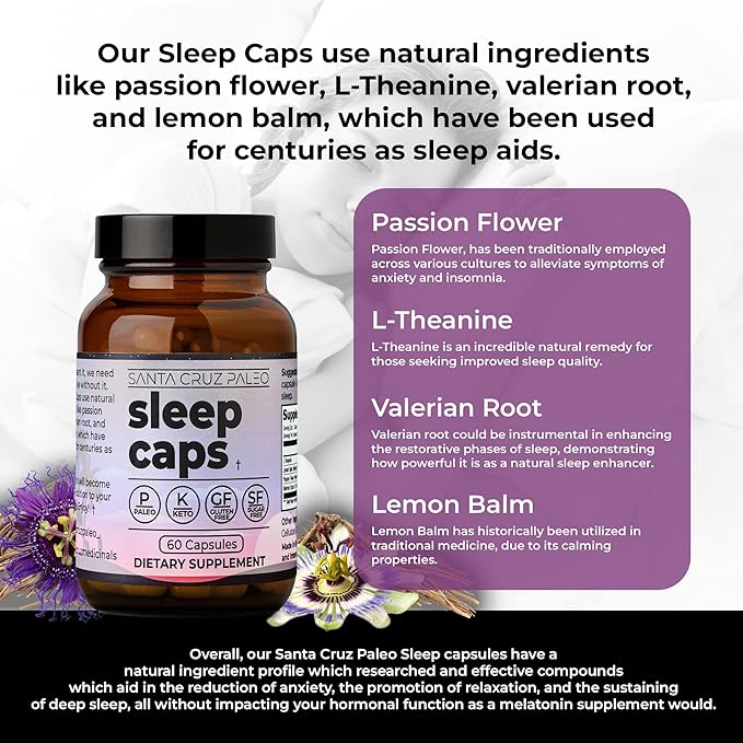 Santa Cruz Paleo Sleep Caps with L-Theanine Lemon Balm Passion Flower &amp Valerian Root Melatonin-Free Nighttime Relaxation Paleo &amp Keto Friendly Sugar &amp Gluten Free 60 Capsules