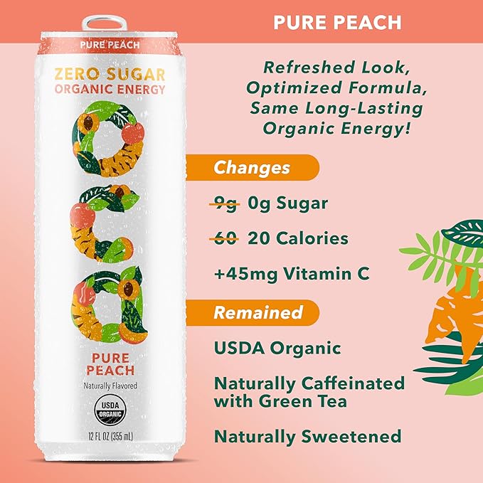 OCA ZERO Pure Peach Organic energy drink zero sugar gluten-free vegan plant-based 12 Fl Oz (12-pack)