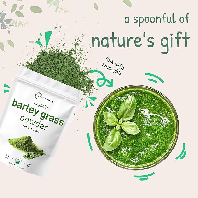 Organic Barley Grass Powder 16 Ounces | US Grown | Rich in Vitamins Minerals Fibers &amp Antioxidants | Superfood Greens Mix for Immune Health and Digestion Support | Non-GMO