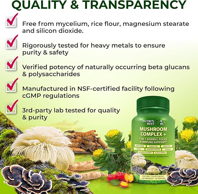 Organic Mushroom Complex: Lion's Mane Turkey Tail Cordyceps Chaga Contains Naturally Occurring Beta Glucans - Organic Energy &amp Immune Support Blend: Rhodiola Rosea Ginseng &amp Acerola Cherr