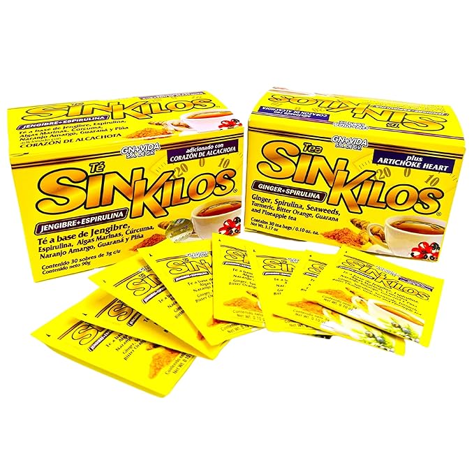 SinKilos Tea GN+Vida Cleansing Tea with Ginger Spirulina Turmeric Artichoke Orange and Pineapple Healthy Digestive Formula Caffeine Free All Natural Te Panza y Grasa Herbal | 2 Pack 60 Total