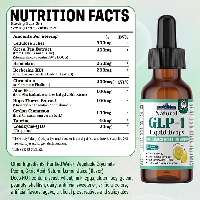 2 Pack GLP-1 Supplement Liquid Drops 10-in-1 Formula with Berberine Ceylon Cinnamon Prebiotic Fiber &amp Green Tea Extract | Supports Healthy Metabolism Digestive &amp Gut Health丨Vegan Non-GMO