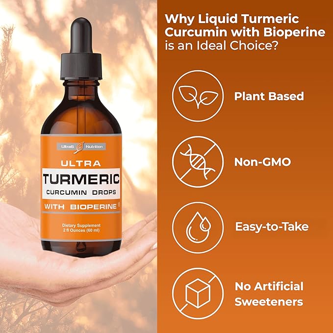 Ultra6 Nutrition Liquid Turmeric Curcumin Extract with Black Pepper - Turmeric Drops with Bioperine - Easy-to-Take Supplements Made in USA (60ml)