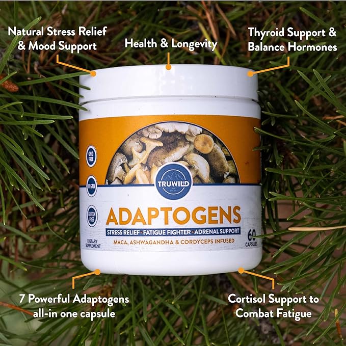 TruWild Adaptogen Blend with Cordyceps Maca Ashwagandha - Full Spectrum Mushroom Blend for Daily Support and Function All Natural Formula with 7 Key Ingredients 60 Capsules