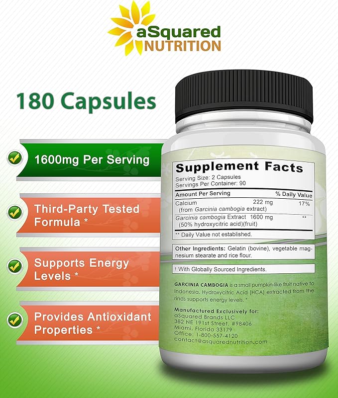 aSquared Nutrition Garcinia Cambogia 1600mg-180 Capsules-Natural Pure Extract Pills for Brain Health- Standardized Ultra HCA &amp Garcinia Cambogia Supplement Alternative to Gummies Drops Tea &amp