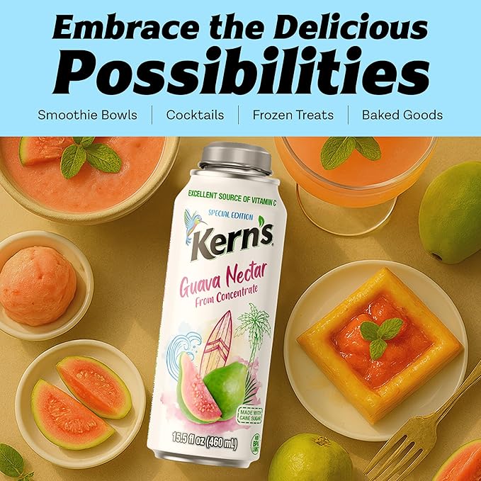 Kern’s Guava Nectar Lata Botella - Made with Fresh Fruit Puree - Guava Juice Concentrate for Tropical Fruit Smoothie Mix Cocktail Mixers &amp Kids Beverages - 15.5oz 12 Pack Resealable Juice Bottle