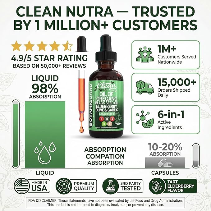 Clean Nutra Oil of Oregano Drops Black Seed Oil Elderberry Vitamin D D3 K2 Olive Garlic Immune Support Supplement Wellness Formula Zinc Supplements Liquid 2 Fl Oz BotaniGuard Vegan Non-GMO