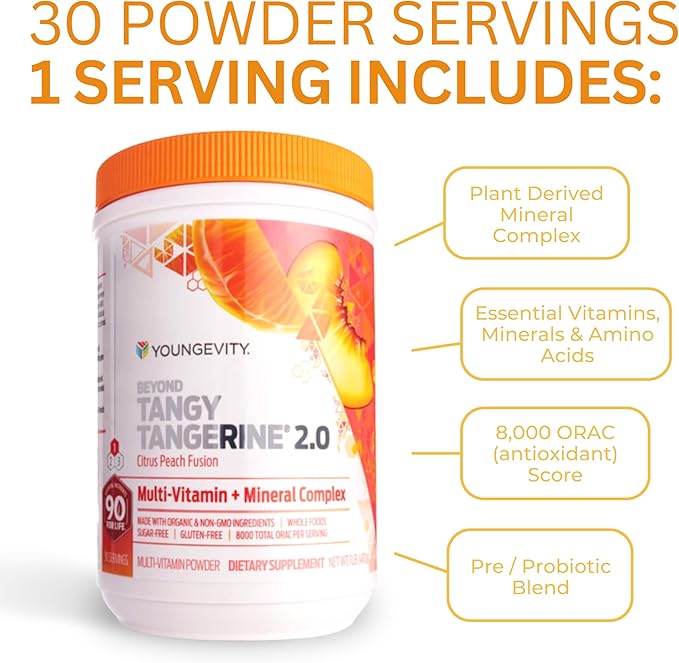Youngevity Beyond Tangy Tangerine 2.0 Citrus Peach Fusion Multi-Vitamin &amp Mineral Complex - Made with Natural &amp Whole Foods | 8000 ORAC