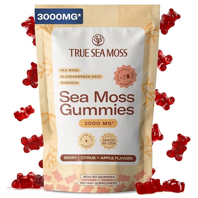 TrueSeaMoss Gummies 3000mg – Irish Sea Moss with Bladderwrack &amp Burdock Root – 3-in-1 Formula – Fruity Flavor – 60 Gummies