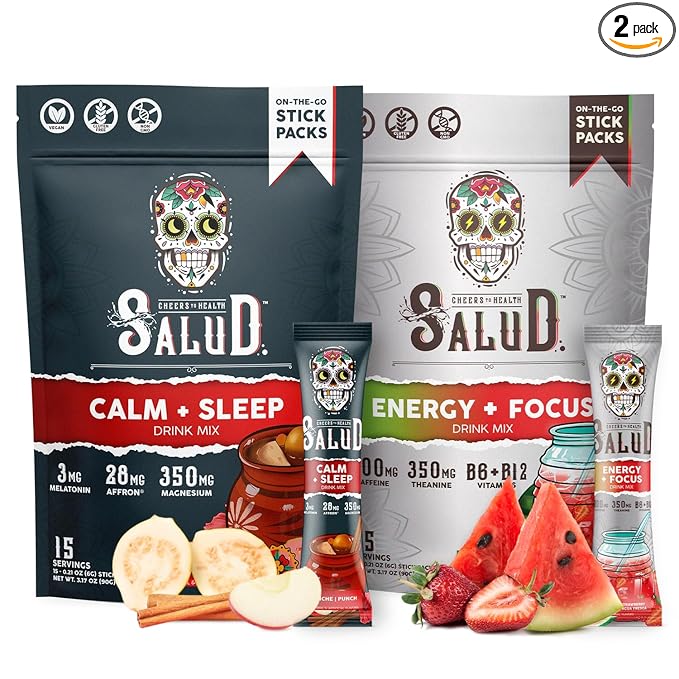 Salud 2-Pack | 2-in-1 Calm + Sleep (Punch) &amp Energy + Focus (Strawberry Watermelon) – 15 Servings Each Drink Mix Dairy &amp Soy Free Non-GMO Gluten Free Vegan Low Calorie 1g of Sugar