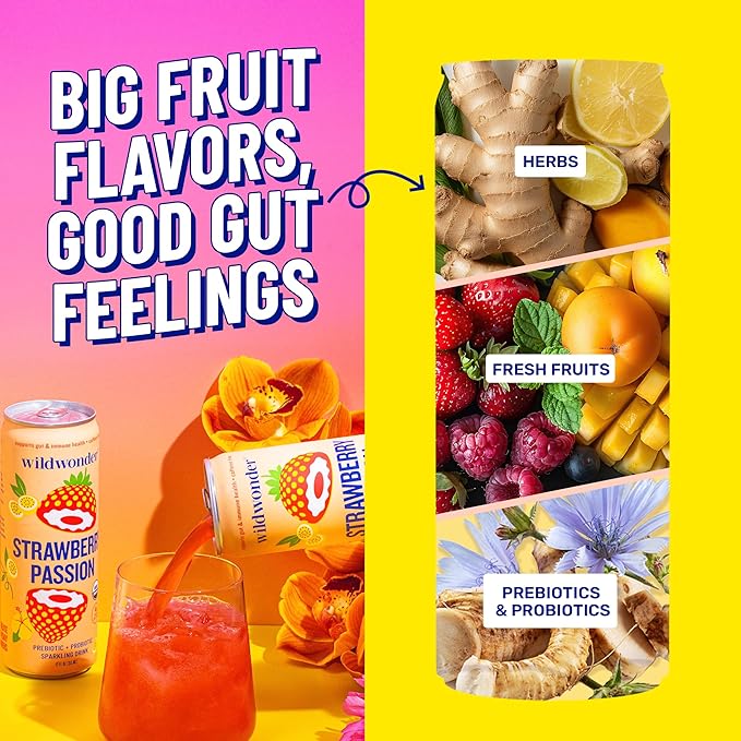 wildwonder Sparkling Probiotic Drink 12pk For Gut Health &amp Immune Support Tropical Vibes Variety 5g Prebiotic Fiber Live Probiotics Organic Vegan Low Sugar 12Pack 12oz Can Seen on Shark
