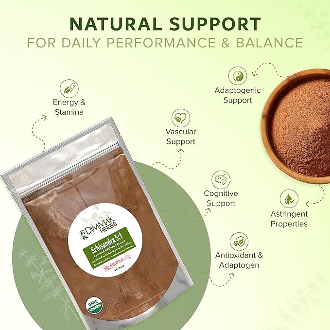 Dimmak Herbs Organic Schisandra Berry Extract 5:1 (Wu Wei Zi)- The Five Flavor Adaptogen for Liver Detox Glowing Skin &amp Mental Focus- Stress Relief Tonic (4oz)