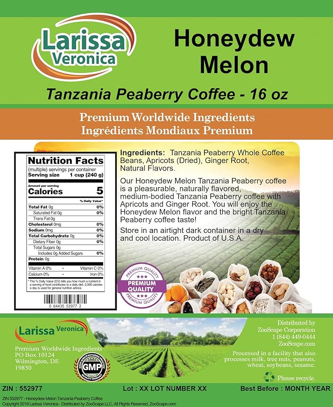 Honeydew Melon Tanzania Peaberry Coffee (Gourmet Naturally Flavored Whole Coffee Beans) (16 oz ZIN: 552977)