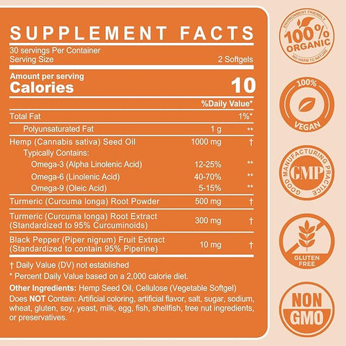 2 Pack Hēmp Oil Capsules with Turmeric - Organic Hēmp Seed Oil Pills with Turmeric Curcumin Black Pepper - Vegan Omega 3 &amp 6 Supplement - Extra Strength &amp Absorption - 120 Softgels