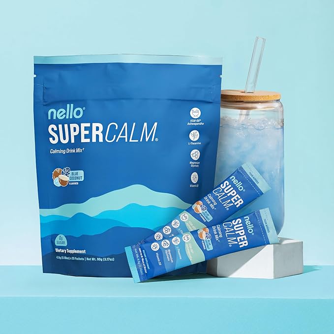 Nello Supercalm Drink Mix with Magnesium Glycinate KSM 66 Ashwagandha Vitamin D3 and L Theanine Calm Powder Supplements for Relaxation Support No Sugar Travel Packets 20 Ct Blue Coconut