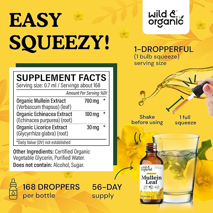 Wild &amp Organic Mullein Drops for Lungs - Herbal Cleanse and Detox - Liquid Mullein Leaf Extract for Lungs with Echinacea - Verbascum Thapsus Tincture - Vegan Sugar &amp Alcohol-Free Supplement -