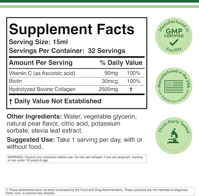 Double Wood Supplements Premium Liquid Collagen - 2500mg of Hydrolyzed Bovine Collagen (Type 1 3 and Grassfed) - 32 Servings - for Women and Men - 30 mcg of Biotin - Sugar Free Pear Flavor
